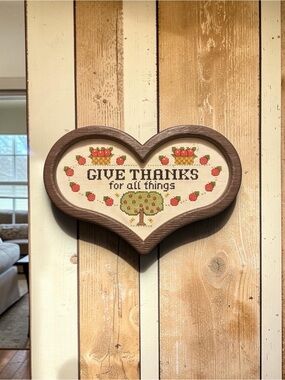 Vintage Framed Heart Cross Stitch Give Thanks For All Things Tree Wall Decor